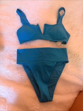 aerie Teal Textured V-Notch Bikini Top and High-Rise Bottoms
